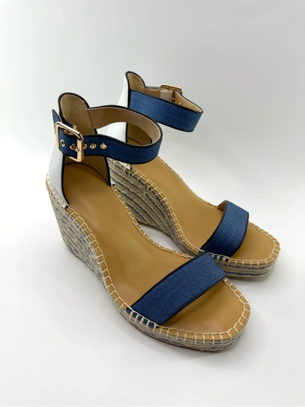 Cabi Espadrille Ankle Strap Platform Wedge Sandals Blue and White 8